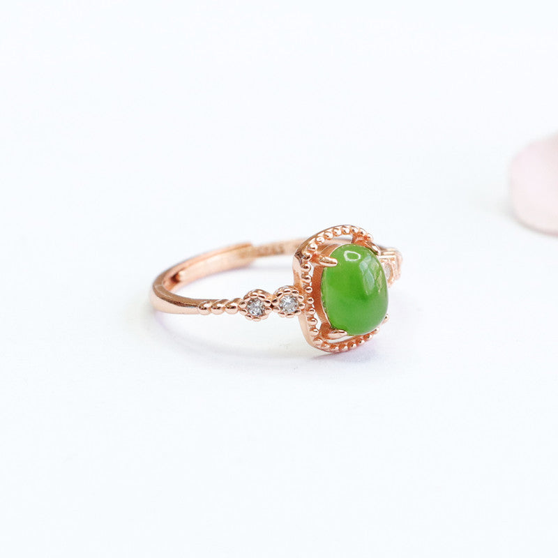 Sterling Silver Adjustable Ring with Natural Hotan Jade Jasper and Zircon Accents