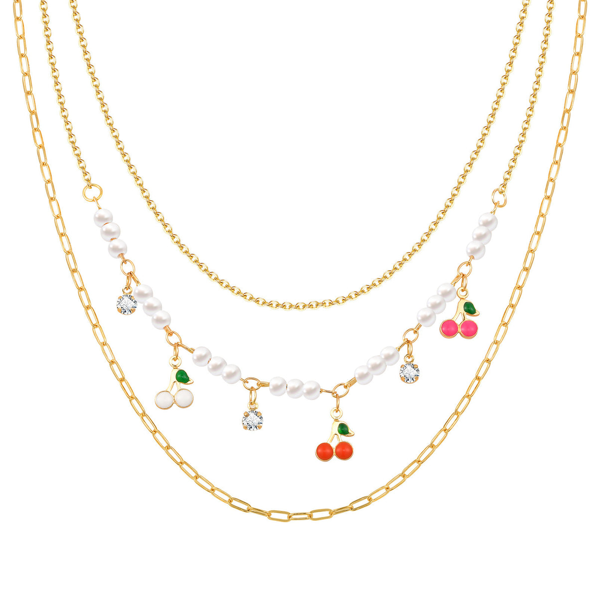 Layered Cherry Charm & Pearl Necklace