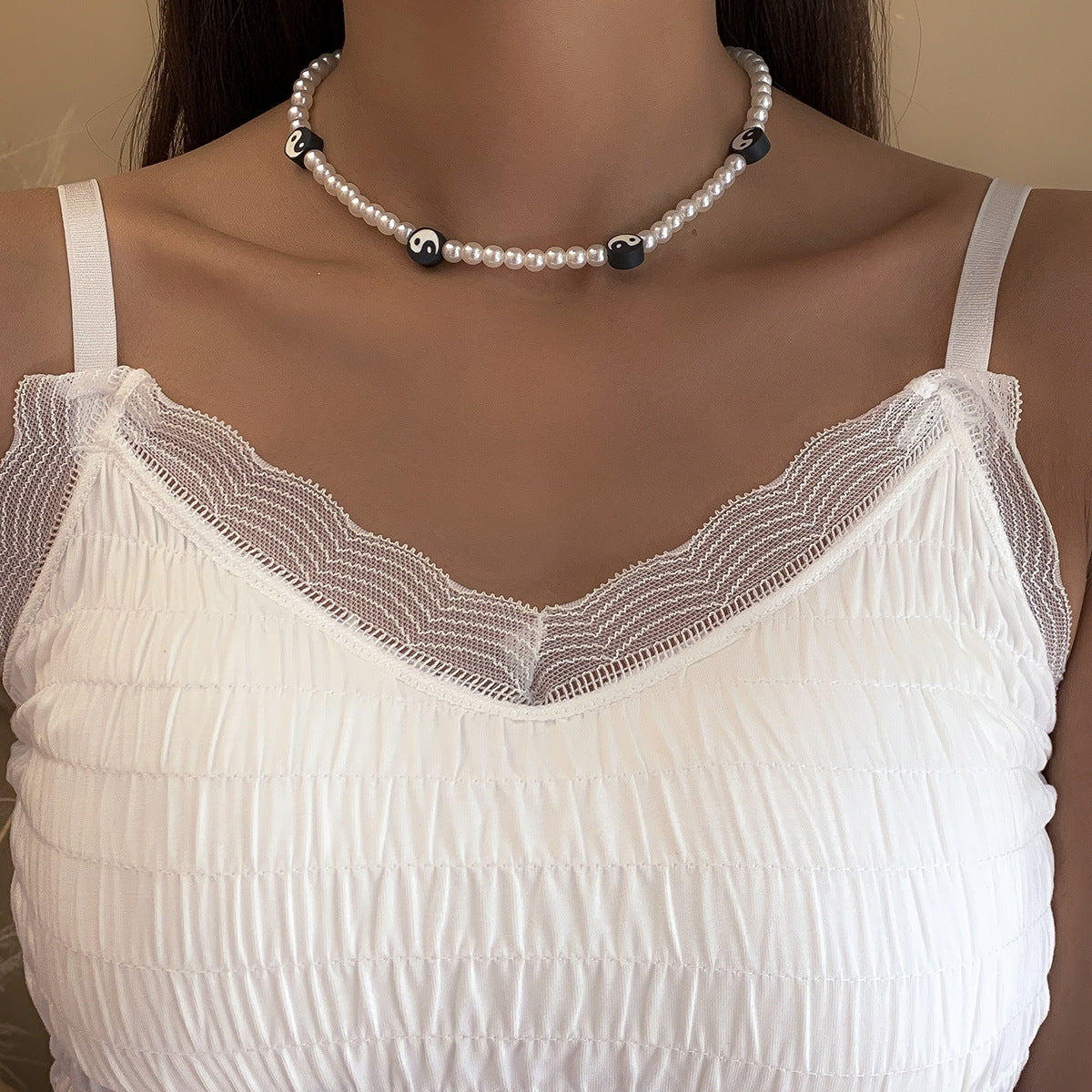 Planderful Vienna Verve Imitation Pearl Taiji Beaded Geometric Necklace For Women Elegant Statement Jewelry