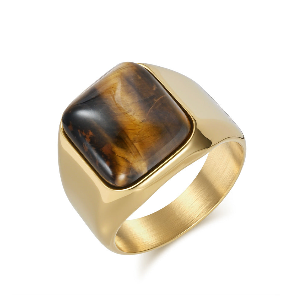 Planderful Men Tiger Eye Ring Natural Square Stone Stainless Steel Premium High End Jewelry
