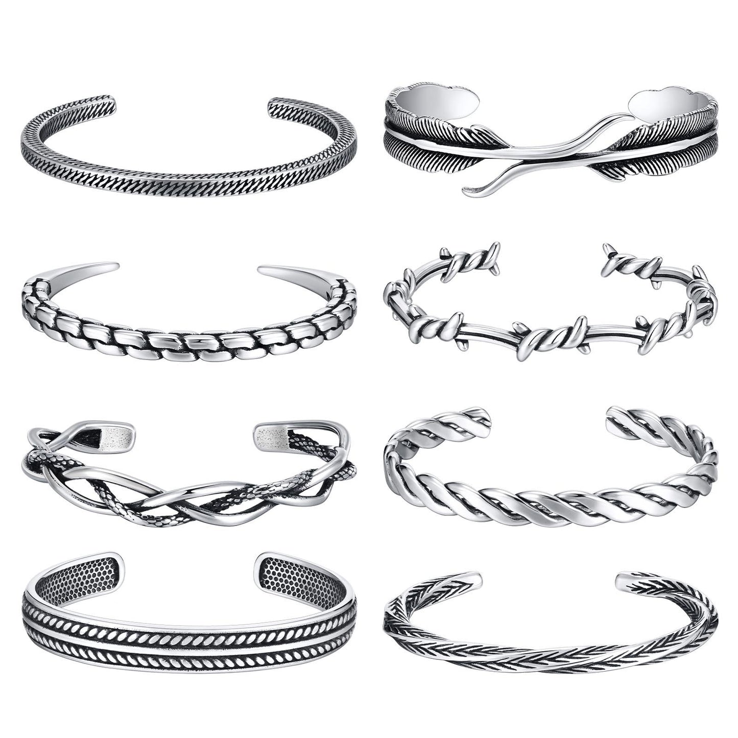 Mens Stainless Steel Open Bracelet Vintage Twist Braided Feather