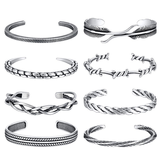 Mens Stainless Steel Open Bracelet Vintage Twist Braided Feather
