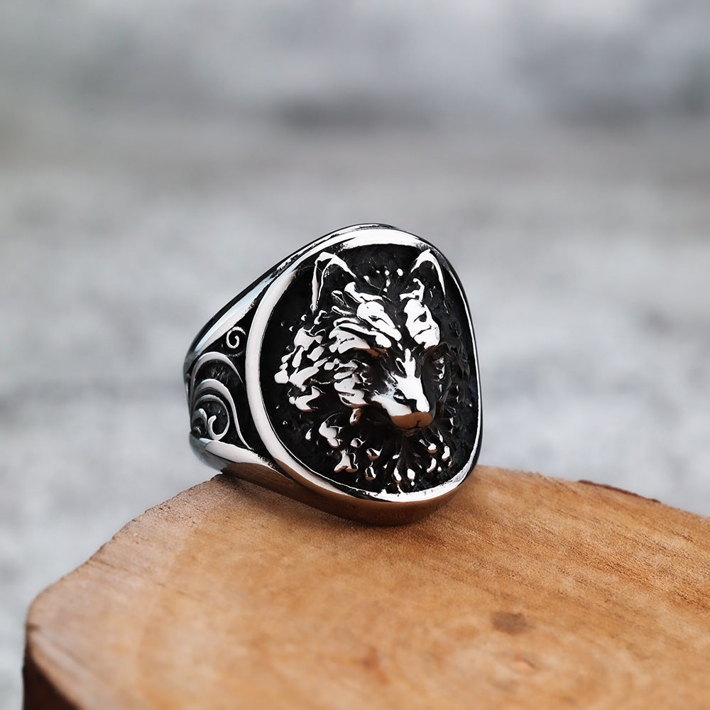 Titanium Steel Retro Viking Animal Wolf Head Ring for Men