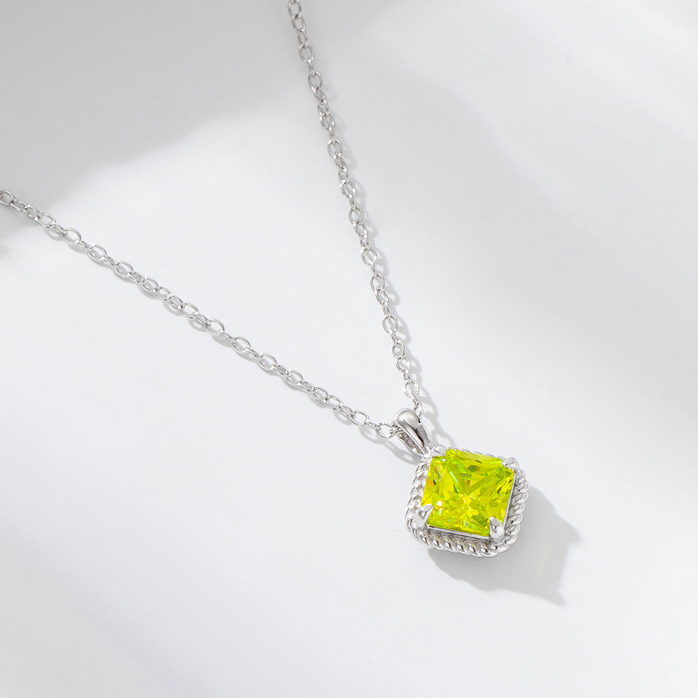 Geometric Square Green Zircon Pendant Necklace S925 Sterling Silver Zircon Necklace