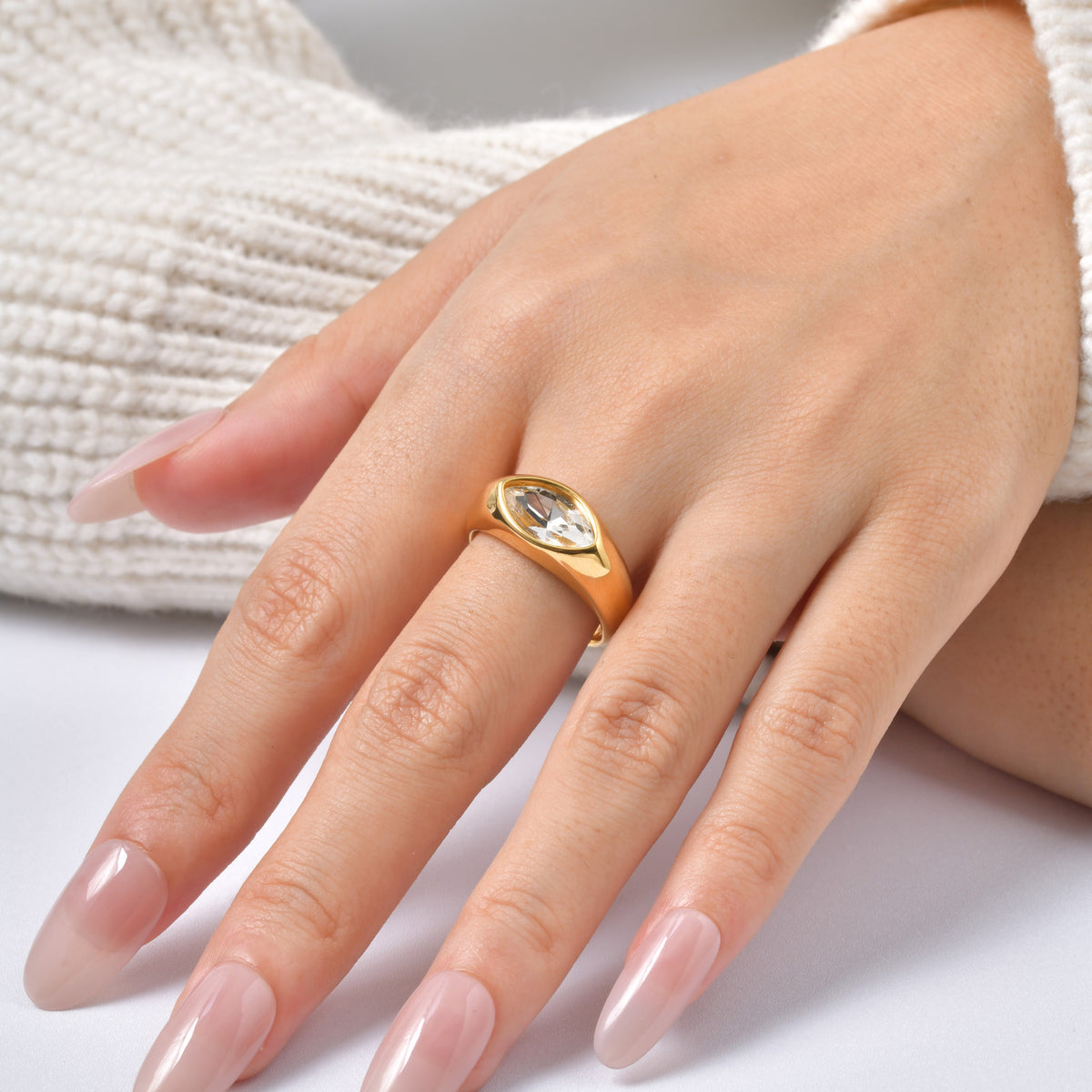 Stainless Steel Special-Shaped Large Zircon Horse Eye White Zircon Ring Women's