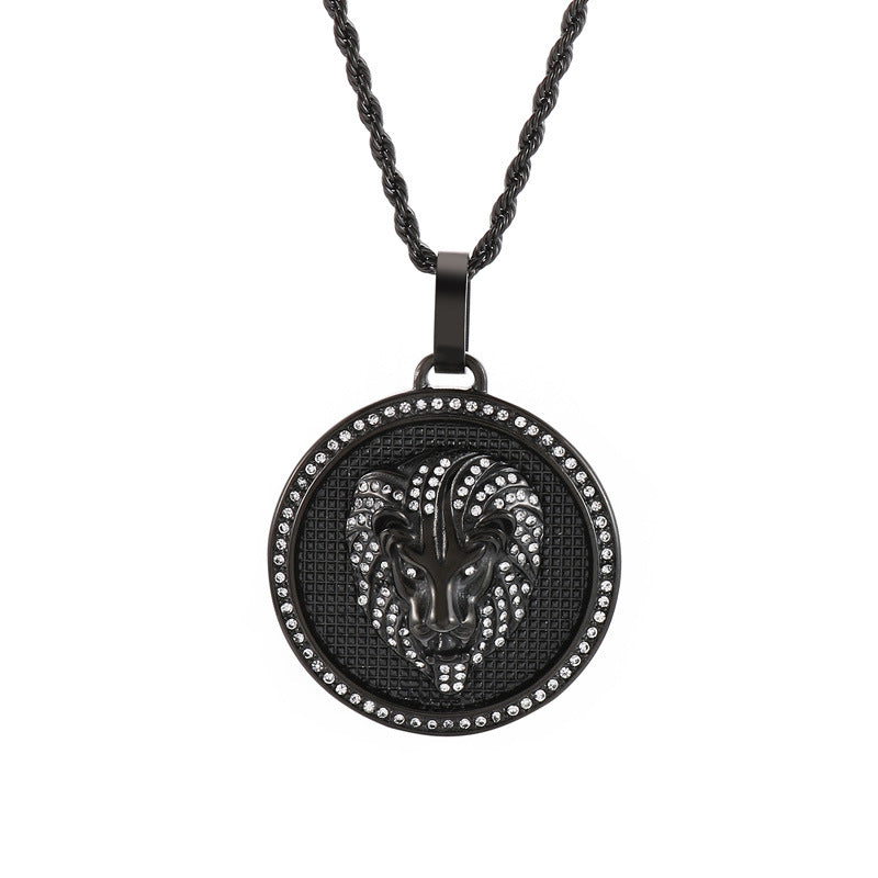 Rock Hip Hop Round Pendant, Retro Electroplated 18k Gold Slightly Inlaid Zircon Lion Necklace