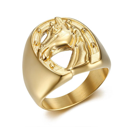 Planderful Everyday Genie Hip Hop Ring Titanium Steel Gold Plated Horse Head Mens Jewelry