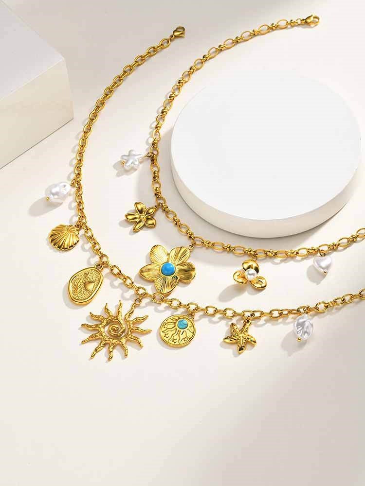 Stainless Steel Necklace Diy Ocean Wind Flower Imitation Pearl Necklace Gold