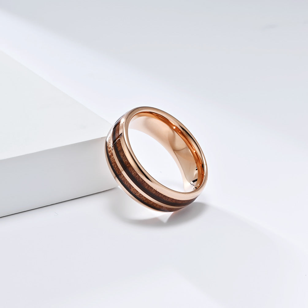 Planderful Tungsten Steel Ring With Parquet Wood Inlay Double Groove Unisex Couple Ring