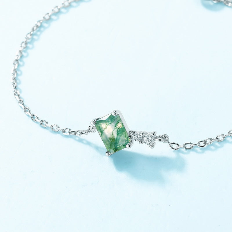 S925 Sterling Silver Moss Agate Minimalist Bracelet