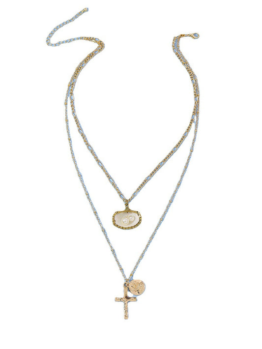 Double Layered Shell Pearl Cross Necklace - Vienna Verve Collection