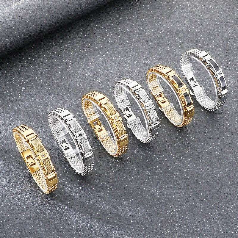 Buckle Front & Back Chain – Hip-Hop Zircon Weiya Line Mesh Curved Bar Stainless Bracelet