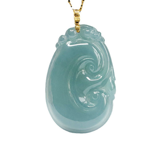 Blue Green Ruyi Jade Necklace with Sterling Silver Pendant