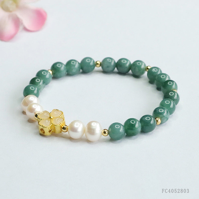 Blue Water Jadeite Four-Leaf Clover & Pearl Beaded Bracelet