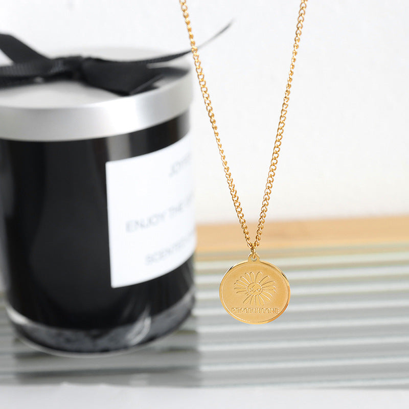 Pastoral Blooms Medallion Pendant with Letter Embossing - Chic Clavicle Chain Necklace