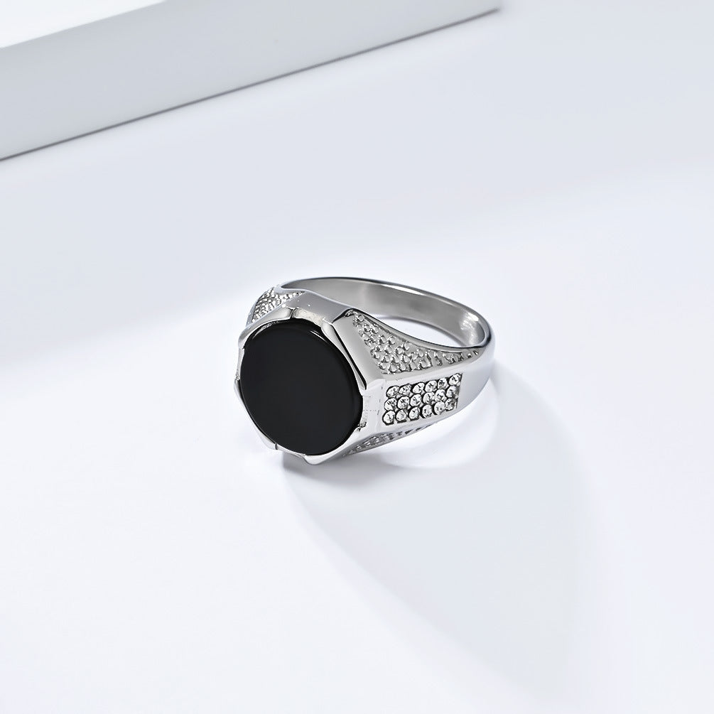 Planderful Mens Geometric Titanium Steel Ring With Black Gem Inlay For Modern Luxury Jewelry