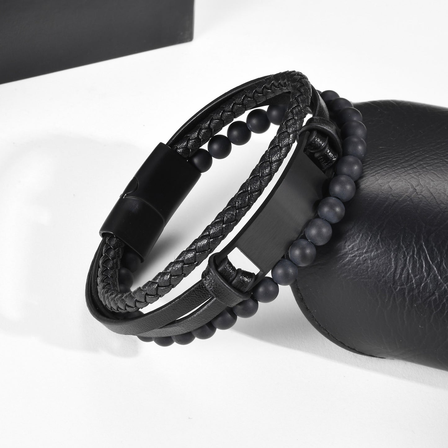 Cross-Border European And American Titanium Steel Leather Bracelet Black For Men