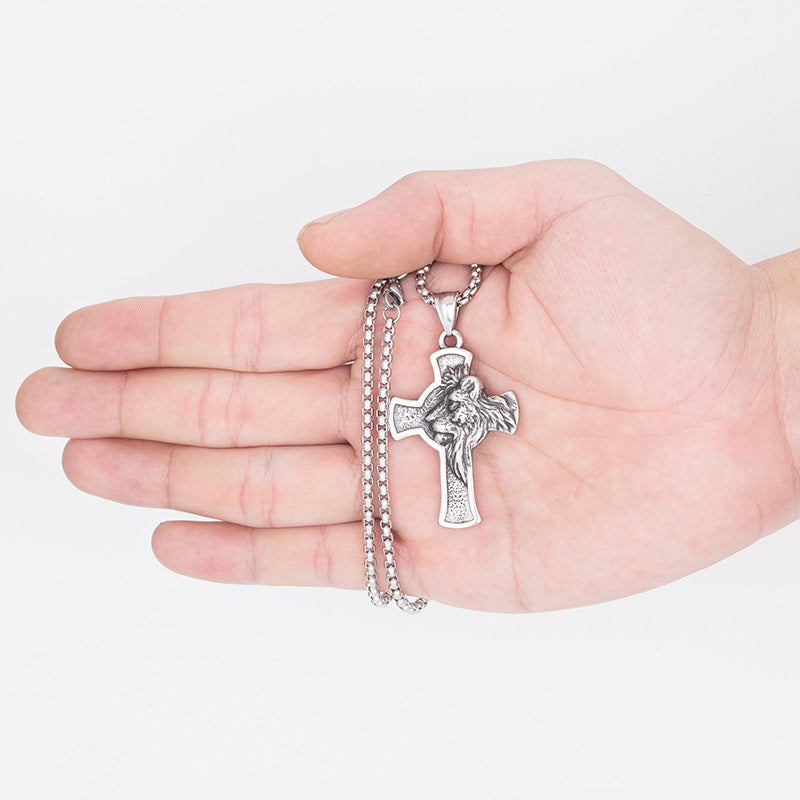 Steel Necklace Pendant – Vintage Lion Head Cross Design For Men And Women By Planderful