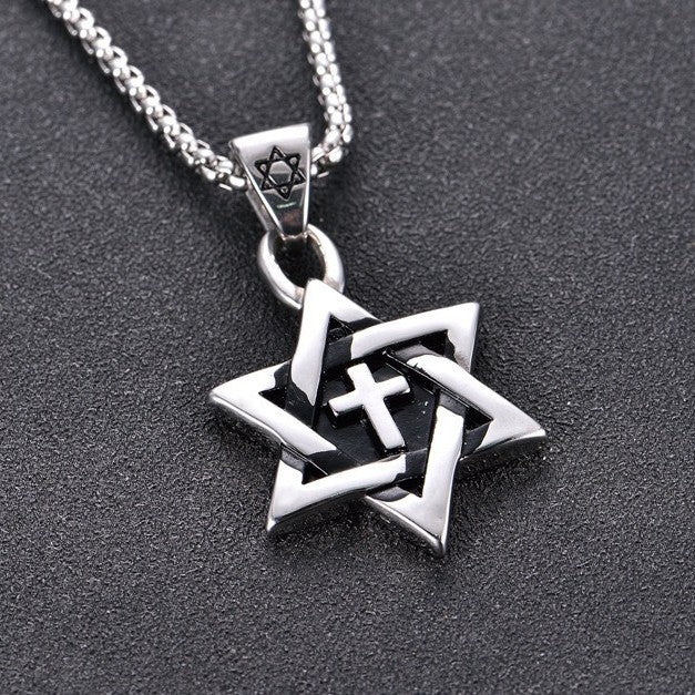 1. Planderful Men's Titanium Steel Necklace With Hexagram Cross Pendant Retro Hip Hop Style Gift