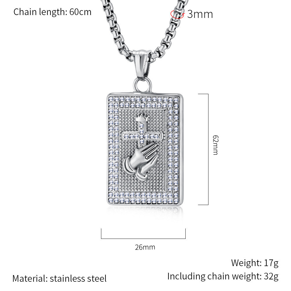 Planderful Zircon Inlaid Prayer Hand Cross Necklace For Hip Hop Fans Urban Style Premium Edition