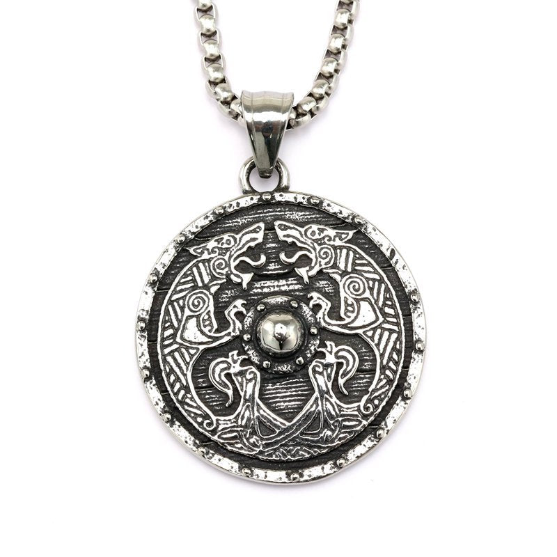 Planderful Retro Viking Shield Pendant Necklace Stainless Steel Unisex Double Sided Norse Legacy