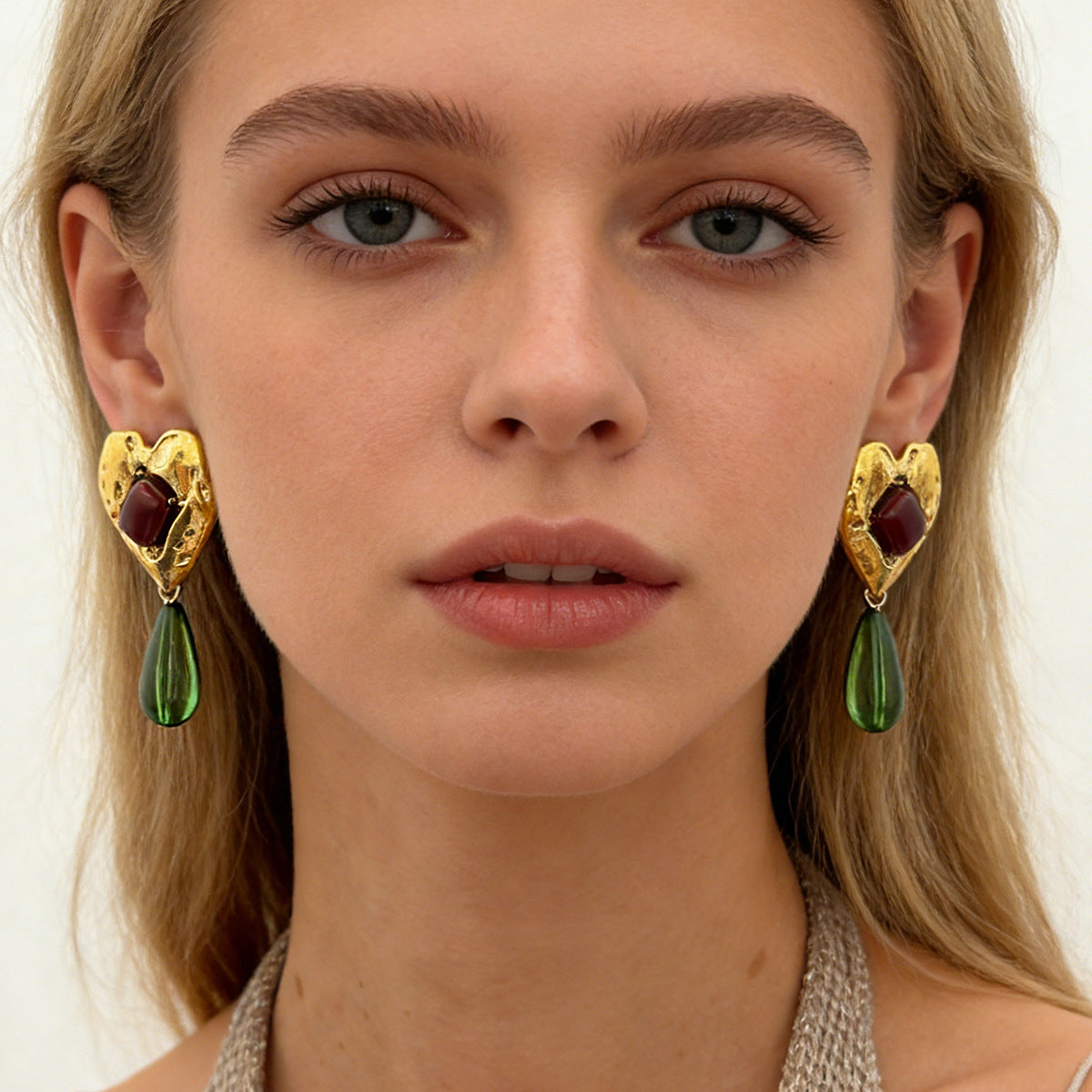 Planderful Medieval Green Water Drop Pendant Earrings Inlaid Peach Heart Gem Vienna Verve For Vintage Jewelry Lovers