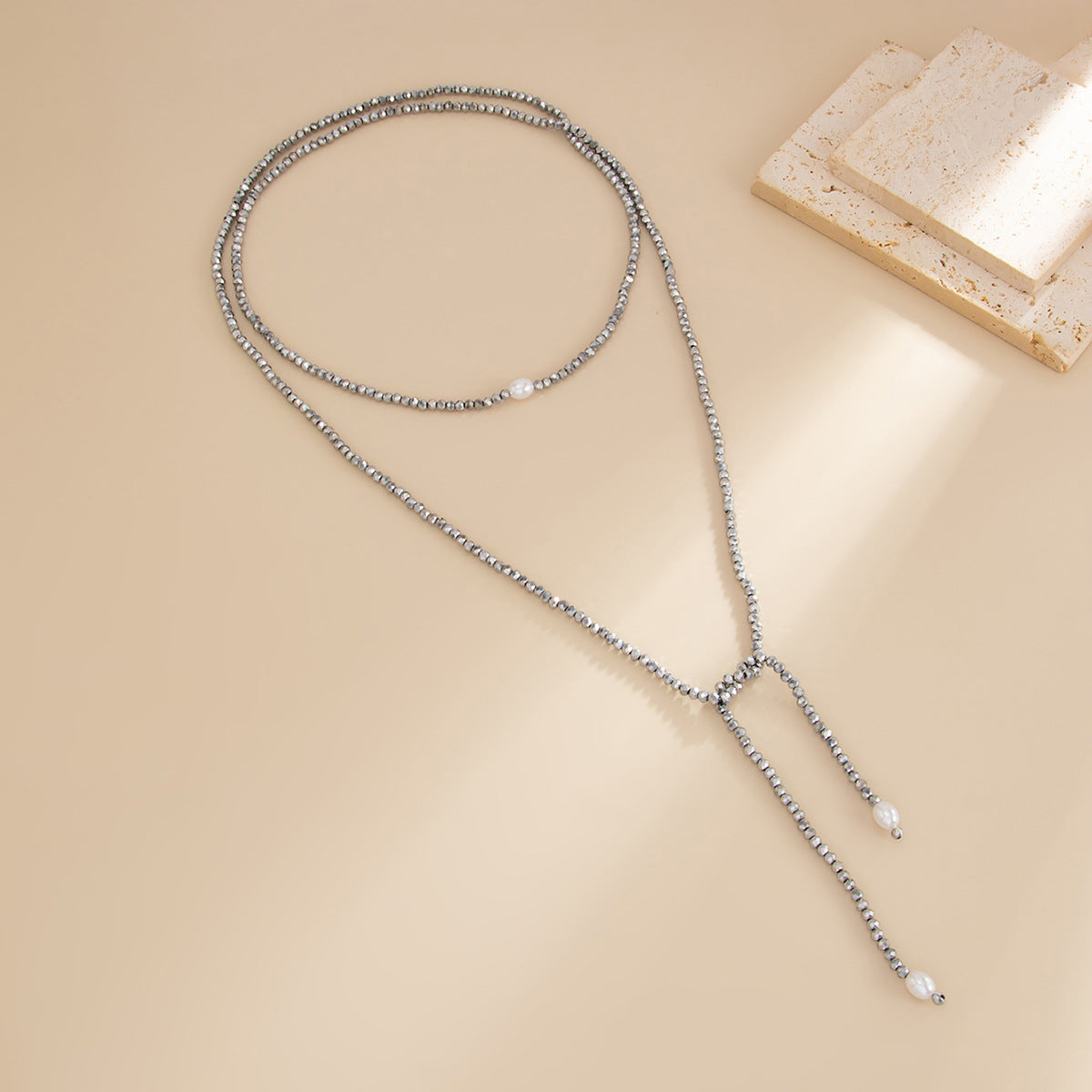 Knotted Pearl Crystal-Style Y-Necklace