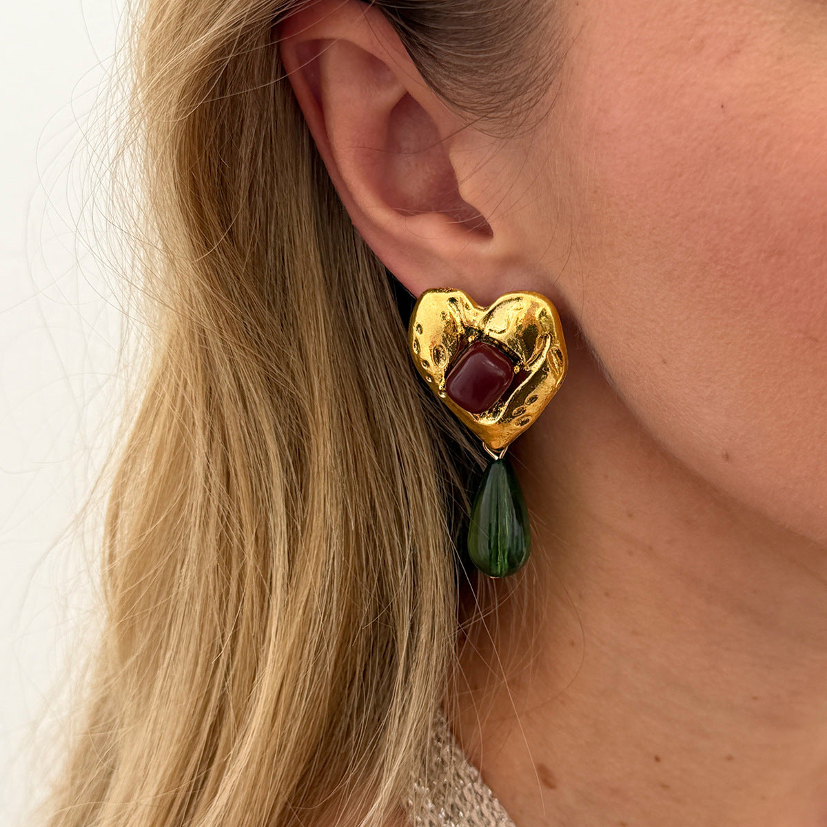 Planderful Medieval Green Water Drop Pendant Earrings Inlaid Peach Heart Gem Vienna Verve For Vintage Jewelry Lovers