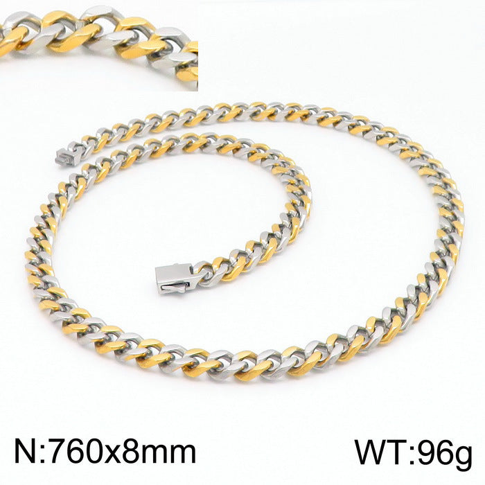 Stainless Steel Cuban Chain Bracelet, Rock Street Men's Vacuum Plated Four-Sided Grinding Square Necklace