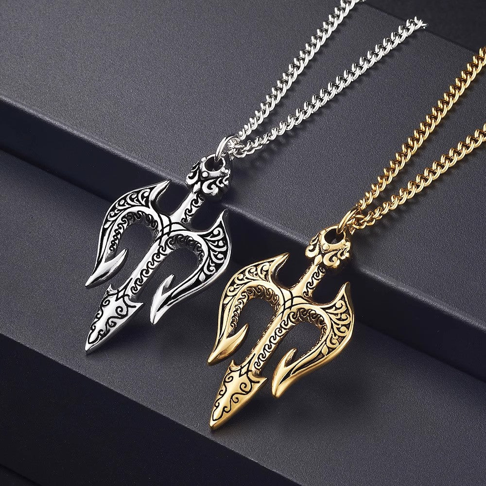 Planderful Jewelry Sea King Trident Necklace in Stainless Steel Three-Dimensional Pendant With Retro Modern Aesthetic