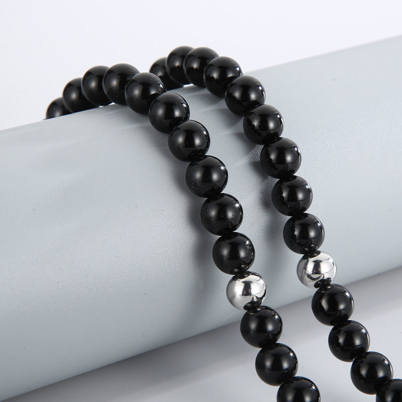 Retro Stainless Steel Men's Necklace with Black Agate Buddha Bead and Vacuum Electroplated Lion Head Pendant