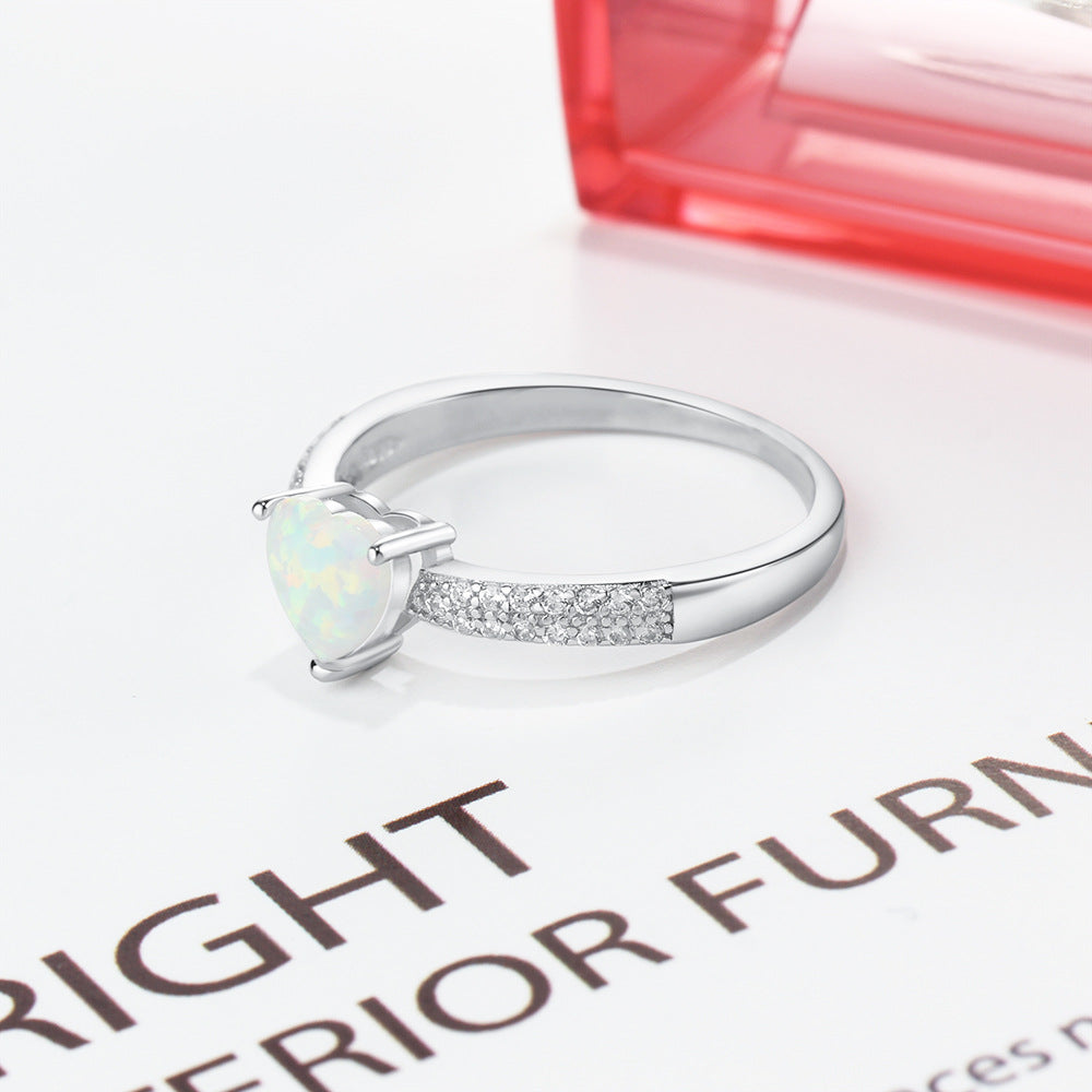 Planderful Jewelry Sterling Silver Opal Ring Heart Shaped Design With Zircon Accent For Elegant Everyday Wear