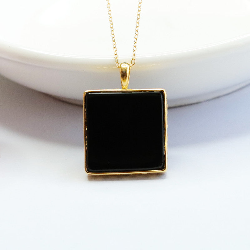 Black Agate Greek-Key Peace Plaque Pendant — No Chain