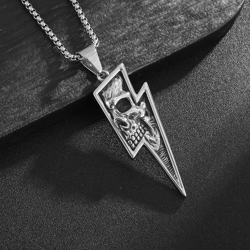 Planderful Titanium Steel Skull Pendant Necklace For Men Durable Retro Punk Lightning Style