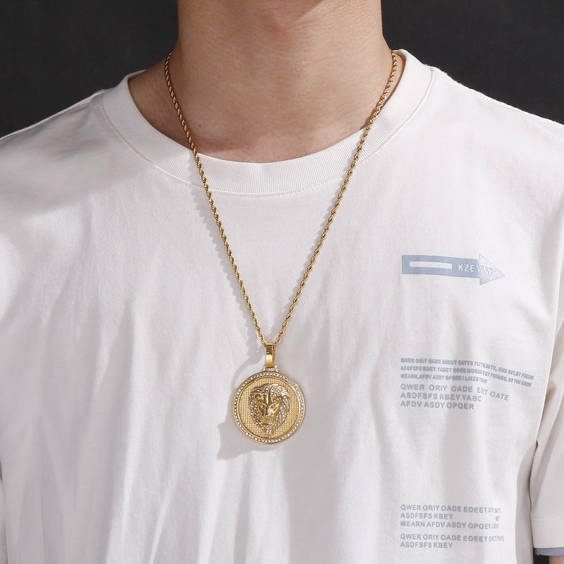 Rock Hip Hop Round Pendant, Retro Electroplated 18k Gold Slightly Inlaid Zircon Lion Necklace
