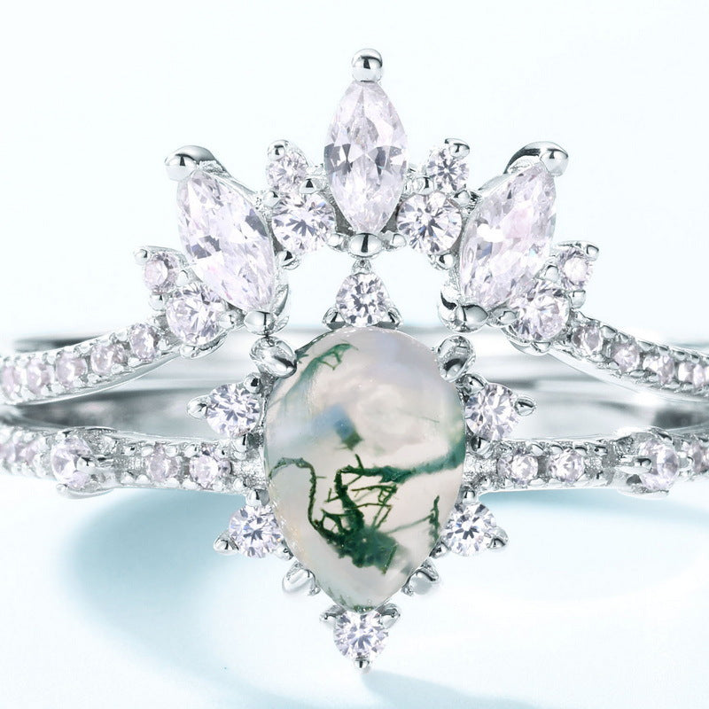 S925 Sterling Silver Moss Agate Pear Pear-Cut Ring