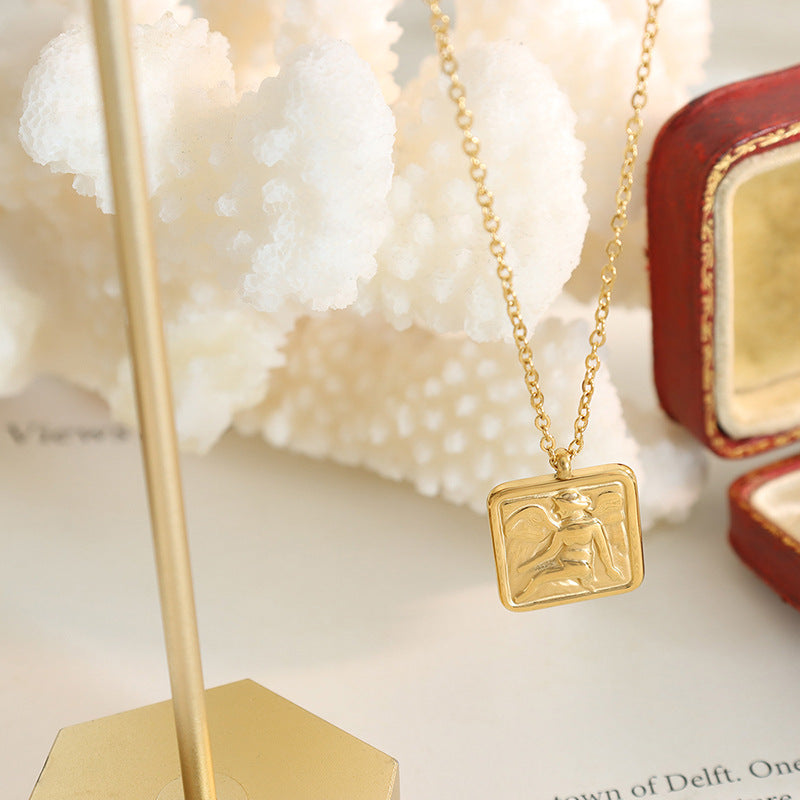Cherub Square Pendant Gold Plated Clavicle Necklace - Dainty Jewelry for Women