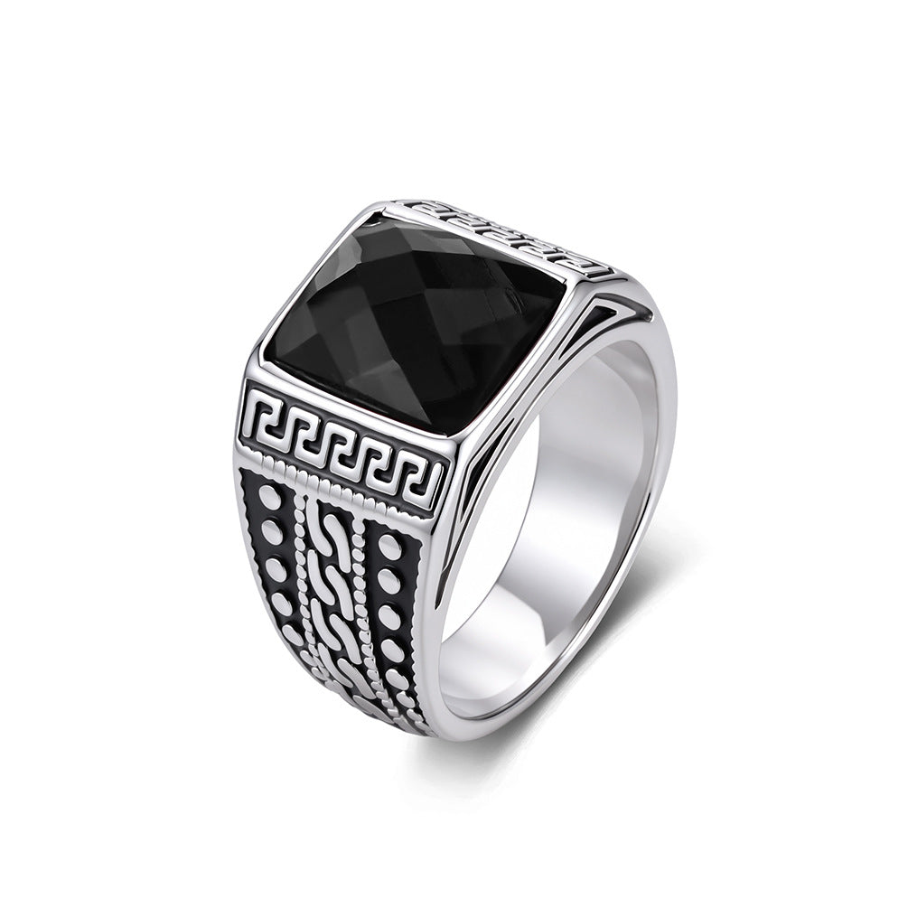 Textured Engraved Stainless Steel Multi-Color Gemstone Ring Men's Stainless Steel Seal