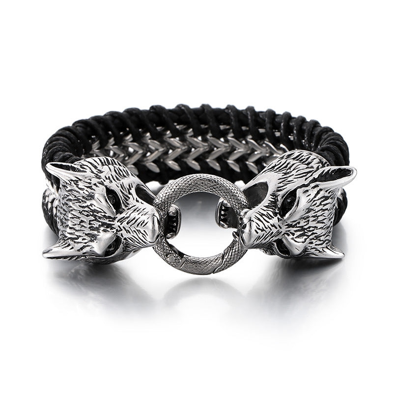 Planderful Double Wolf Head Lion Head Bracelet Men Titanium