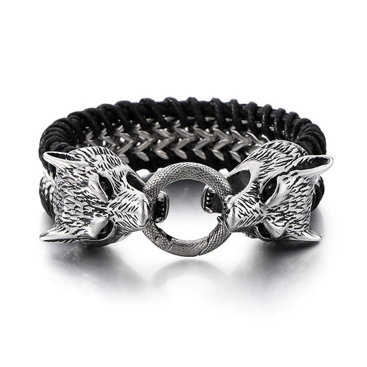 Planderful Double Wolf Head Lion Head Bracelet Men Titanium