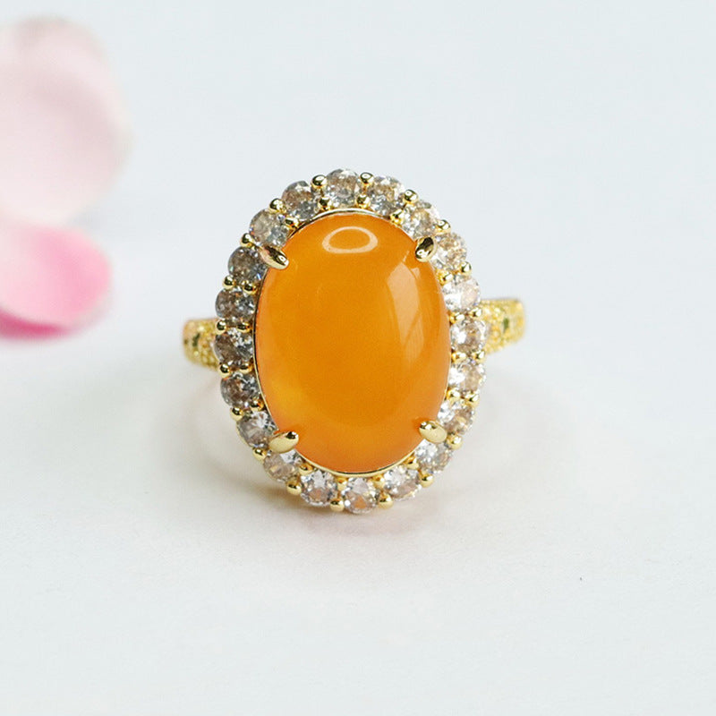 Luxurious Beeswax Amber Sterling Silver Ring with Zircon Halo