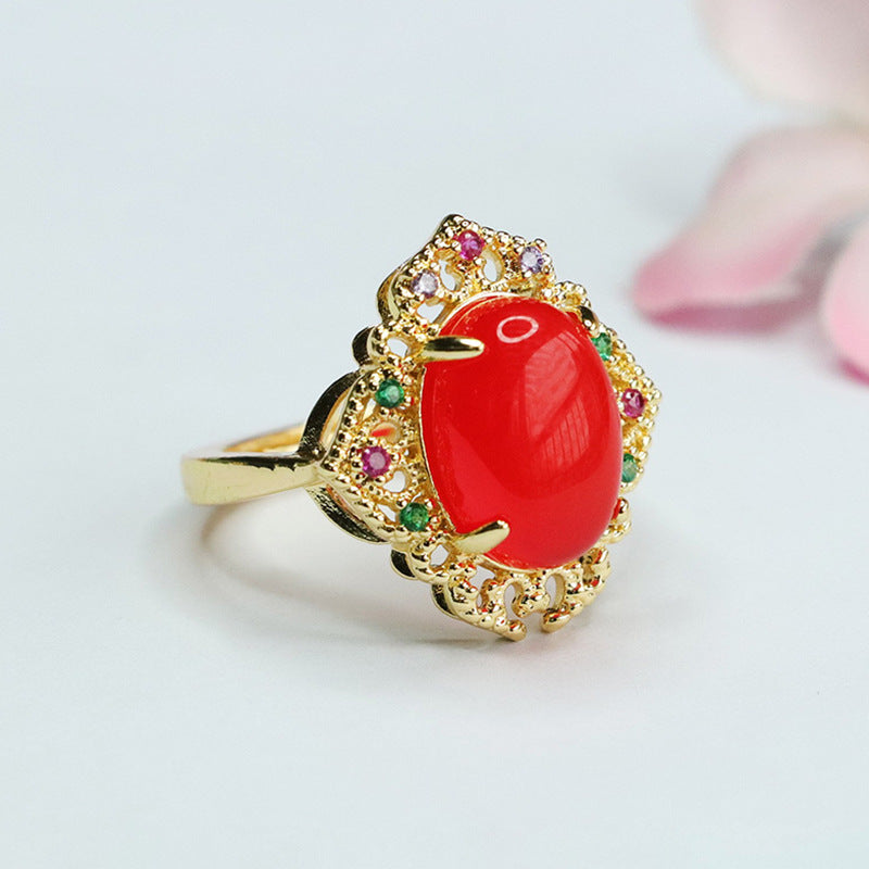 Green Chalcedony Gemstone Ring with Red Agate and Zircon in Palace Style