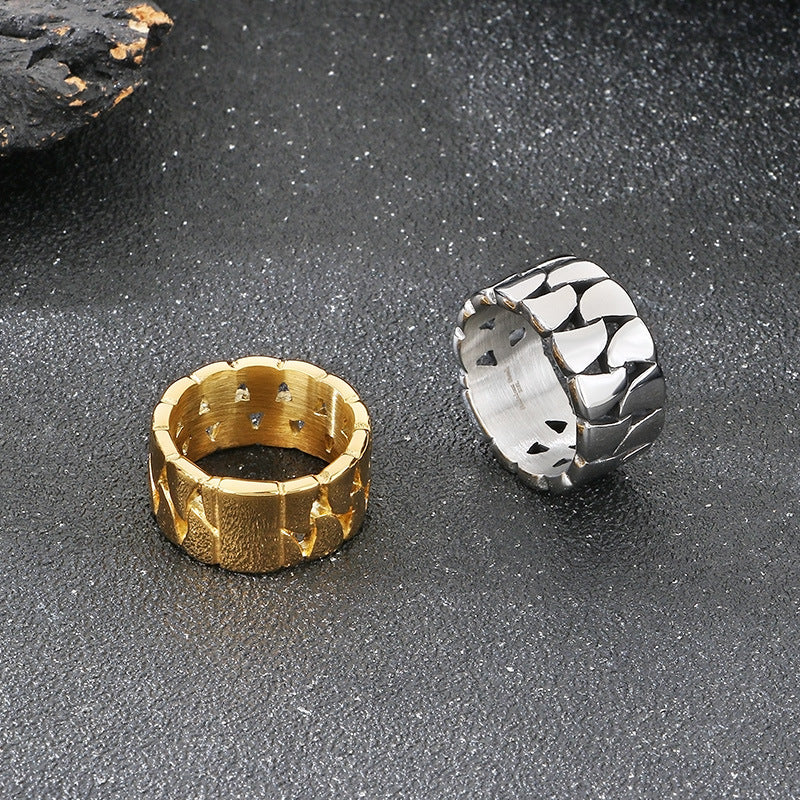 Planderful Mens Hollow Ring 18K Gold Titanium Cuban Chain