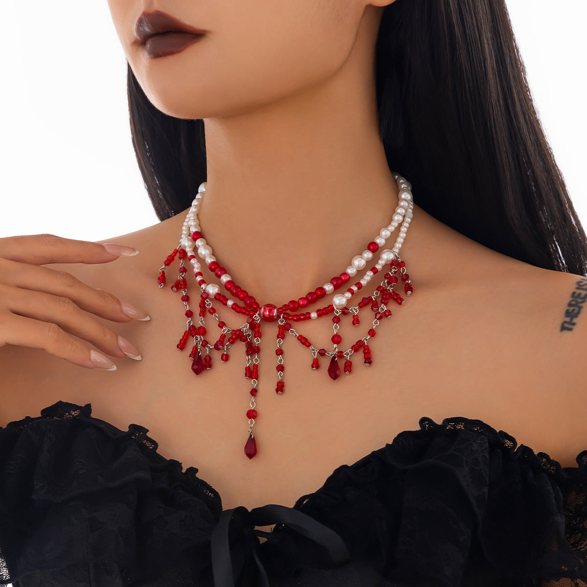 Gothic bat blood-stained fringed clavicle multi-layer necklace, European and American cross-border niche beaded blood handmade necklace women