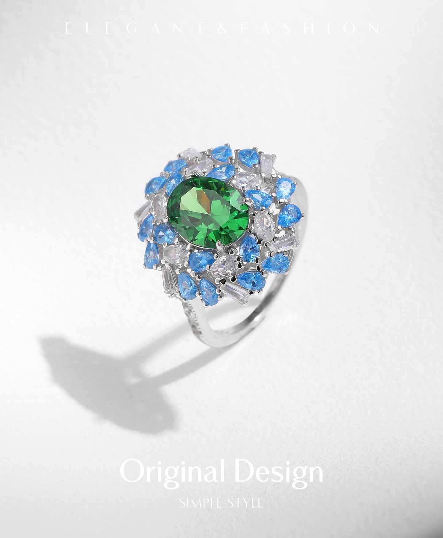 Planderful Gala Fireworks Ring – Elegant Sterling Silver with Imitation Emerald and Zircon