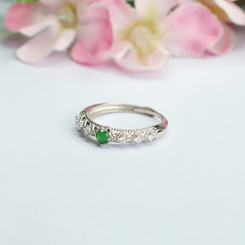 Six Zircon Sterling Silver Ring with Ice Emperor Green Jade and Adjustable Opening