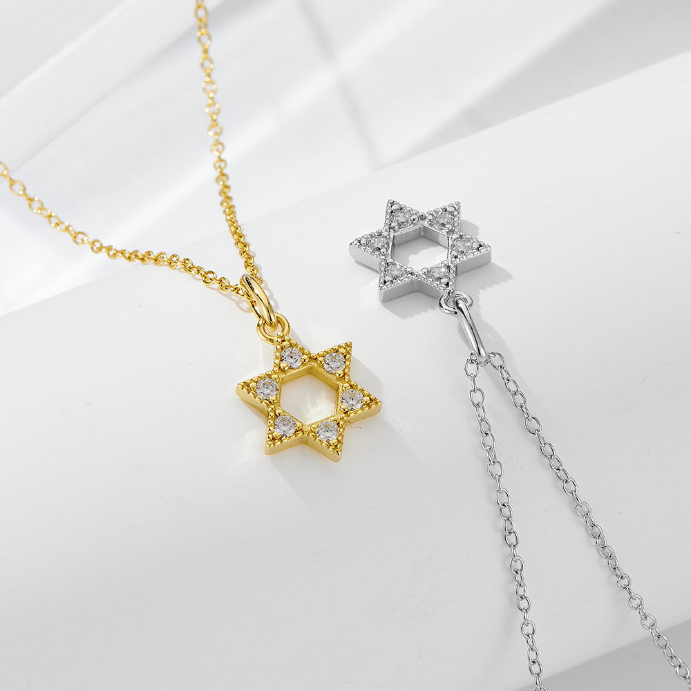 925 Sterling Silver Hexagram Hollow Pendant Necklace 14k Gold-Plated Zircon