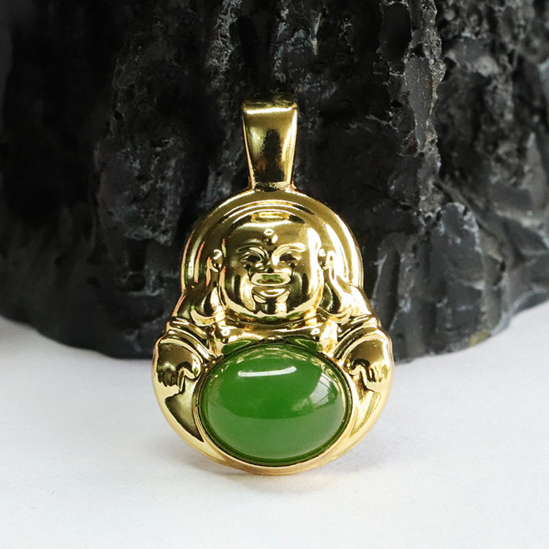 Maitreya Buddha Hetian Jade Pendant with Jasper in Sterling Silver