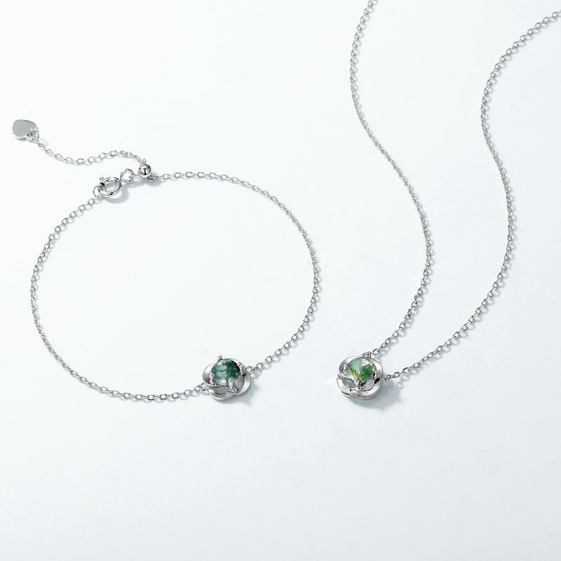 S925 Sterling Silver Moss Agate Clover Necklace