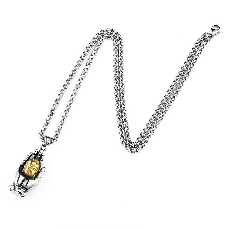 Personalized Retro Titanium Steel Pendant with Gold Buddha Head for Men - New Stainless Steel Jewelry